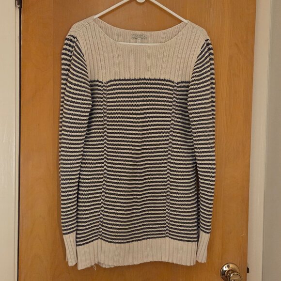 Vtg Old Navy Pullover Chunky Knit Tunic Sweater Womens L Gray Cream Striped Y2K - Picture 1 of 8